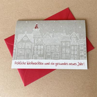 10er Set graue Weihnachtskarten mit Umschlägen: weihnachtliche Häuserzeile