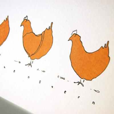 reduzierte Osterkarte: Drei Hühner + frohe ostern