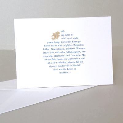Grußkarte mit Text von Gerhard Henschel: Fuffzig