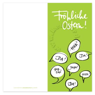 grüne Osterkarte: Fröhliche Ostern! (Ostereiersuchen am Ostermorgen)