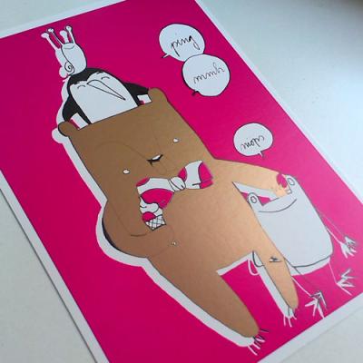 Postkarte mit Bär, Pinguin, Frosch, Schnecke