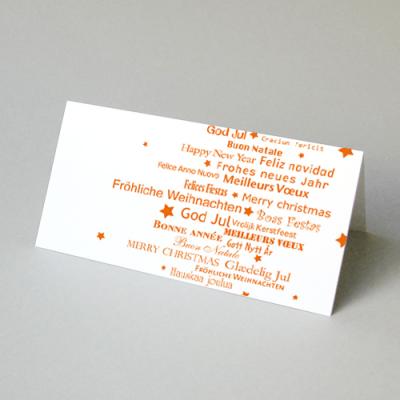 orange Weihnachtskarte: Buon Natale, God Jul, Boas Festas, Hauskaa joulua