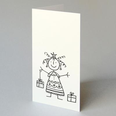 witzige Weihnachtskarte: Christkind mit Geschenken