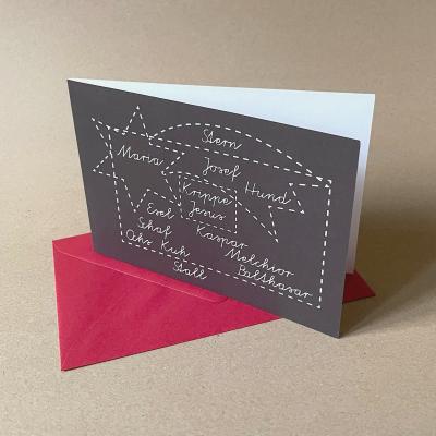 10er Set schwarze Weihnachtskarten mit roten Umschlägen: Schriftkrippe