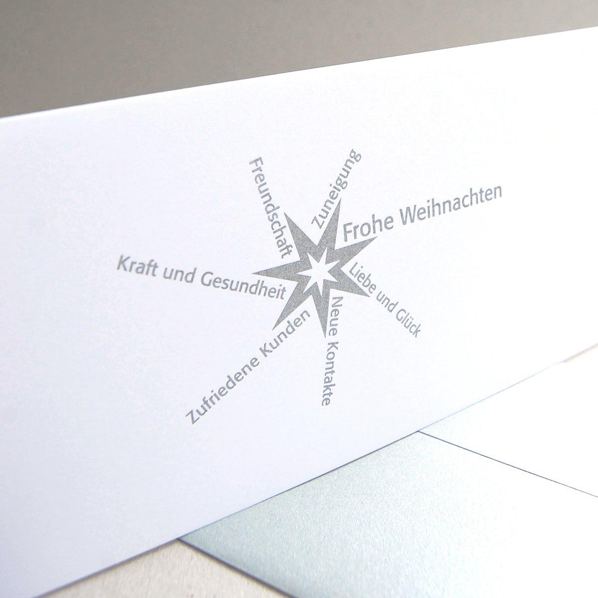 10er Set Weihnachtskarten mit silbernen Kuverts: Liebe, Glück, Kraft