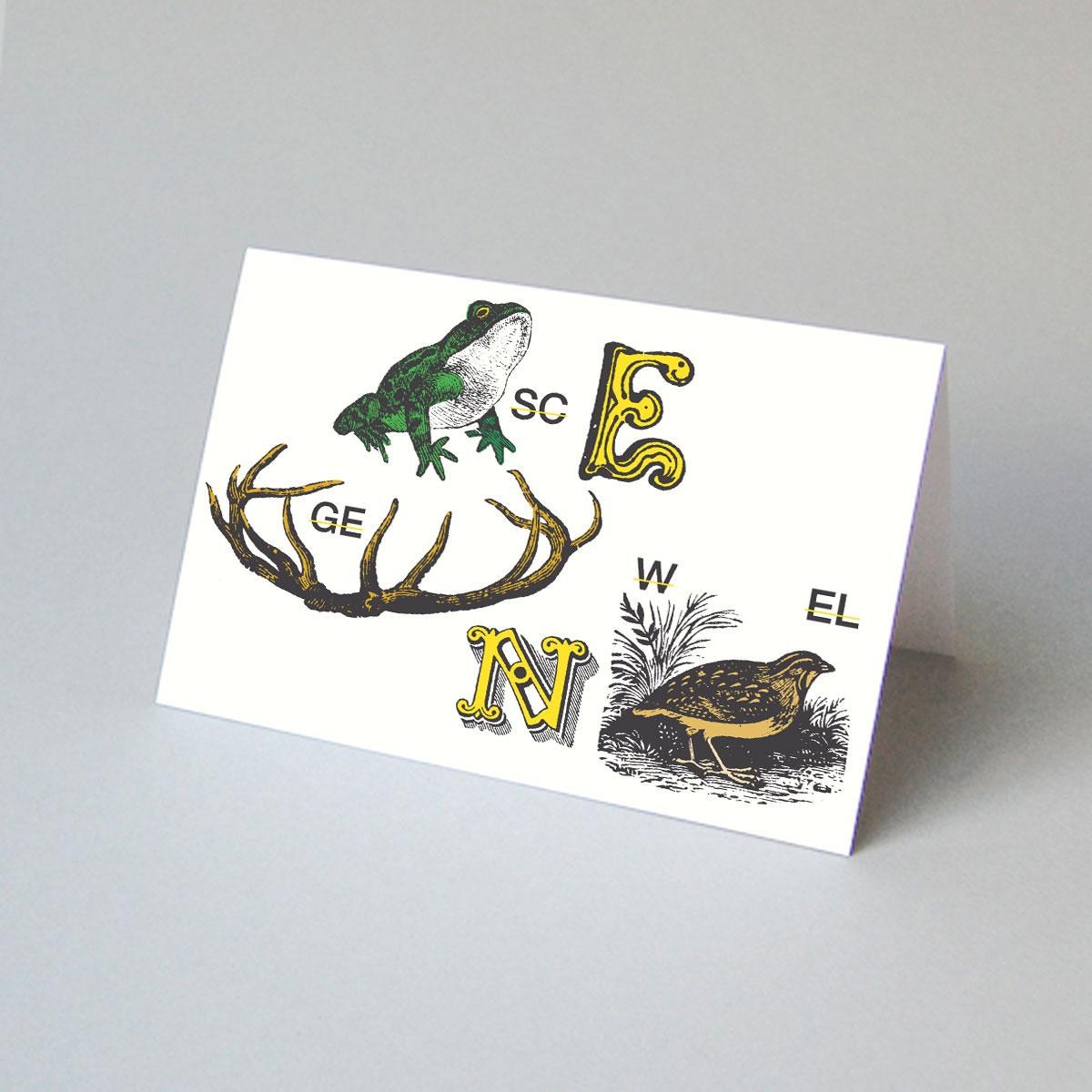 10er Set Weihnachtskarten mit gelben Kuverts: Rebus mit Frosch und Wachtel