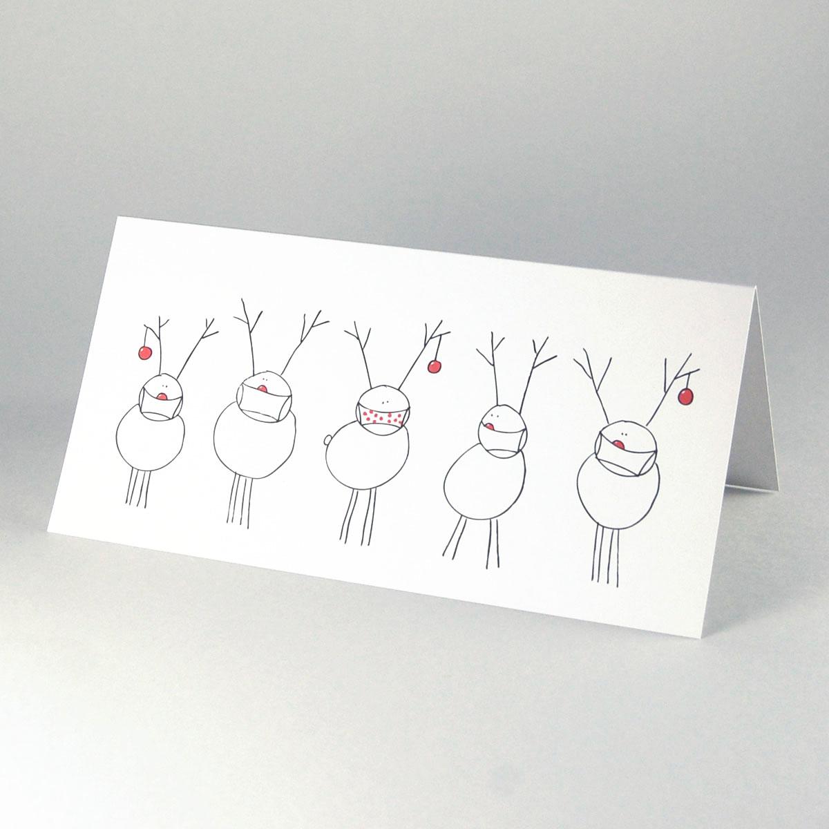 9er Set Weihnachtskarten mit farbigen Kuverts: Rudolf + Freunde mit Maske