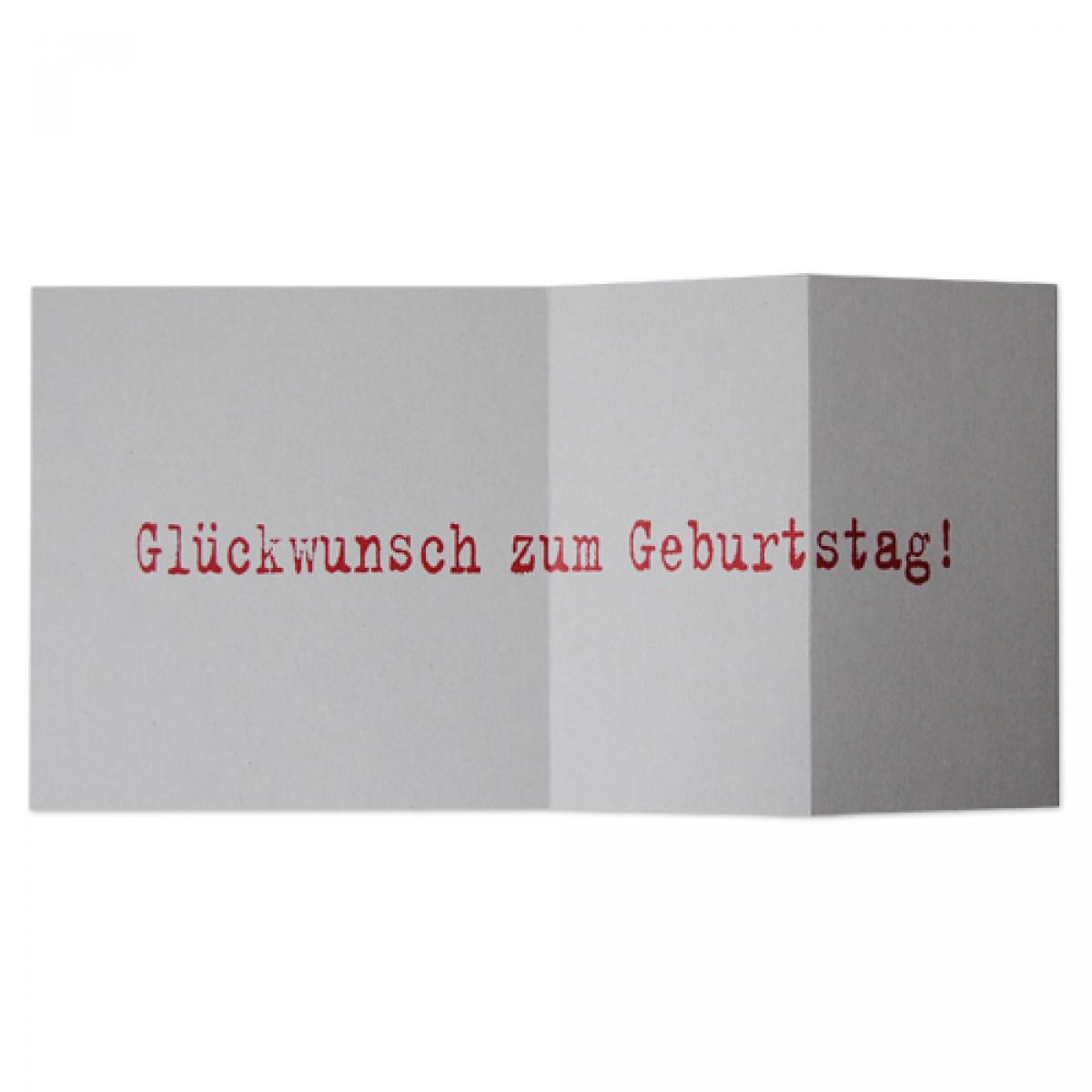 graue quadratische Geburtstagskarte: Glückstag!  (roter Druck)
