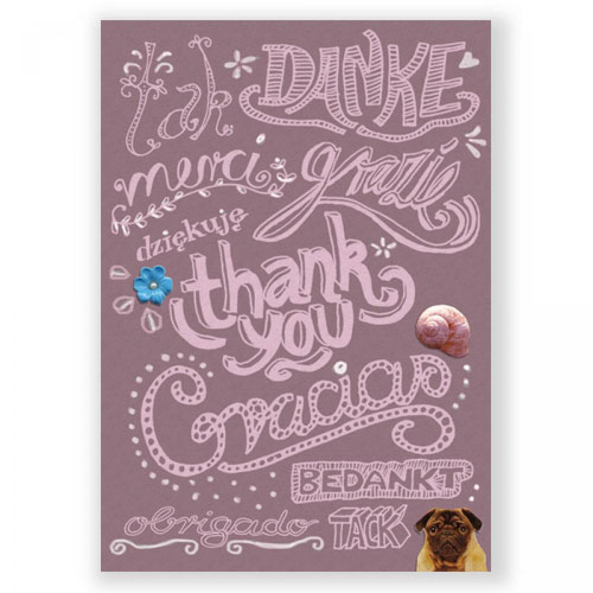 Postkarte: Danke, tak, merci