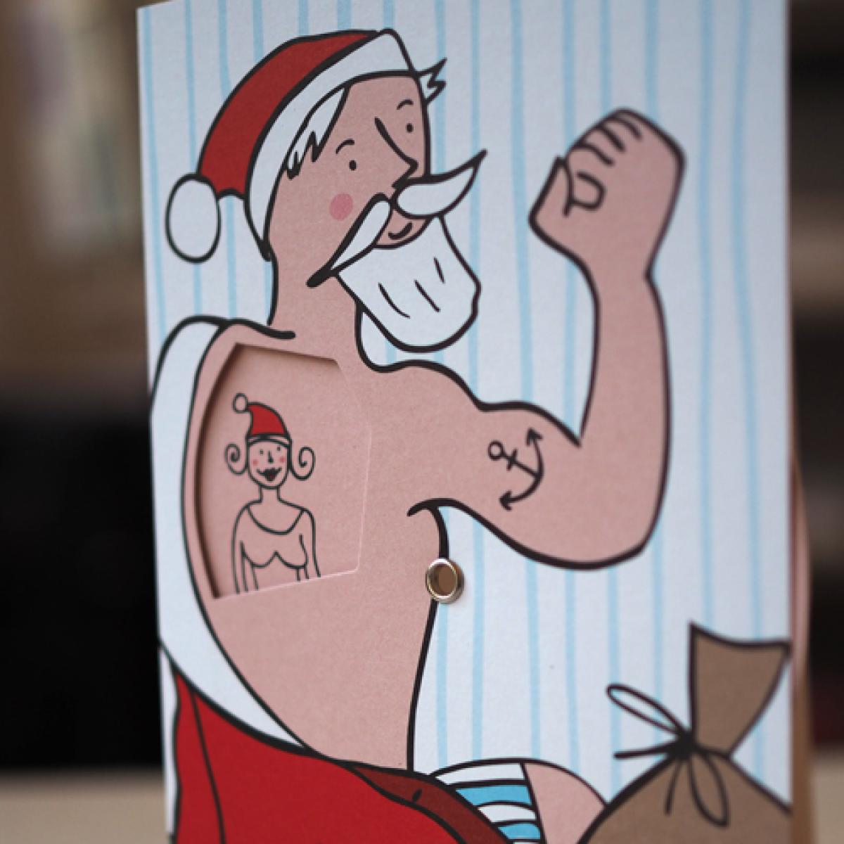 Recycling-Weihnachtskarte mit Drehscheibe: Weihnachtsmann mit Tattoos