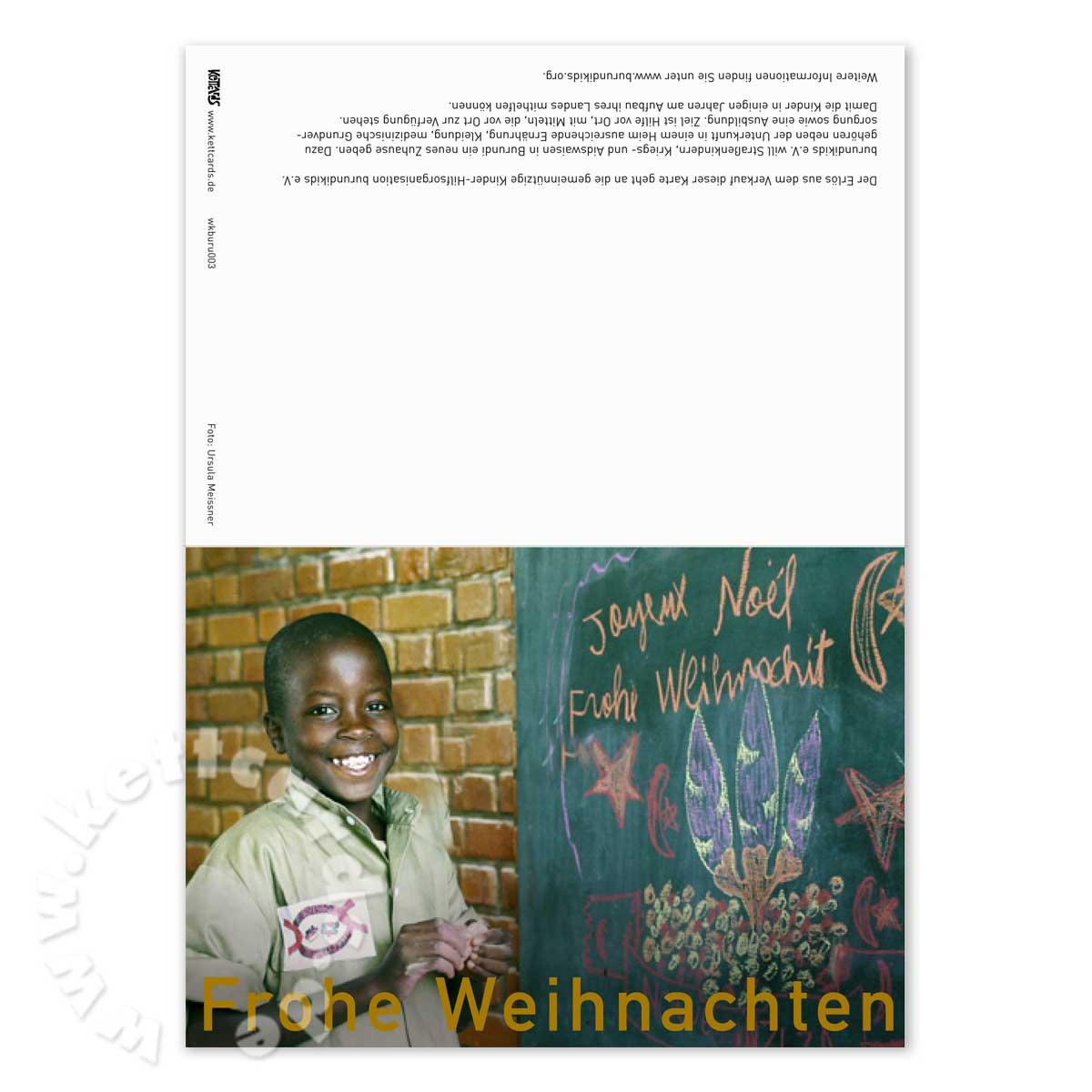 Weihnachtskarte mit Spende: Junge an der Tafel