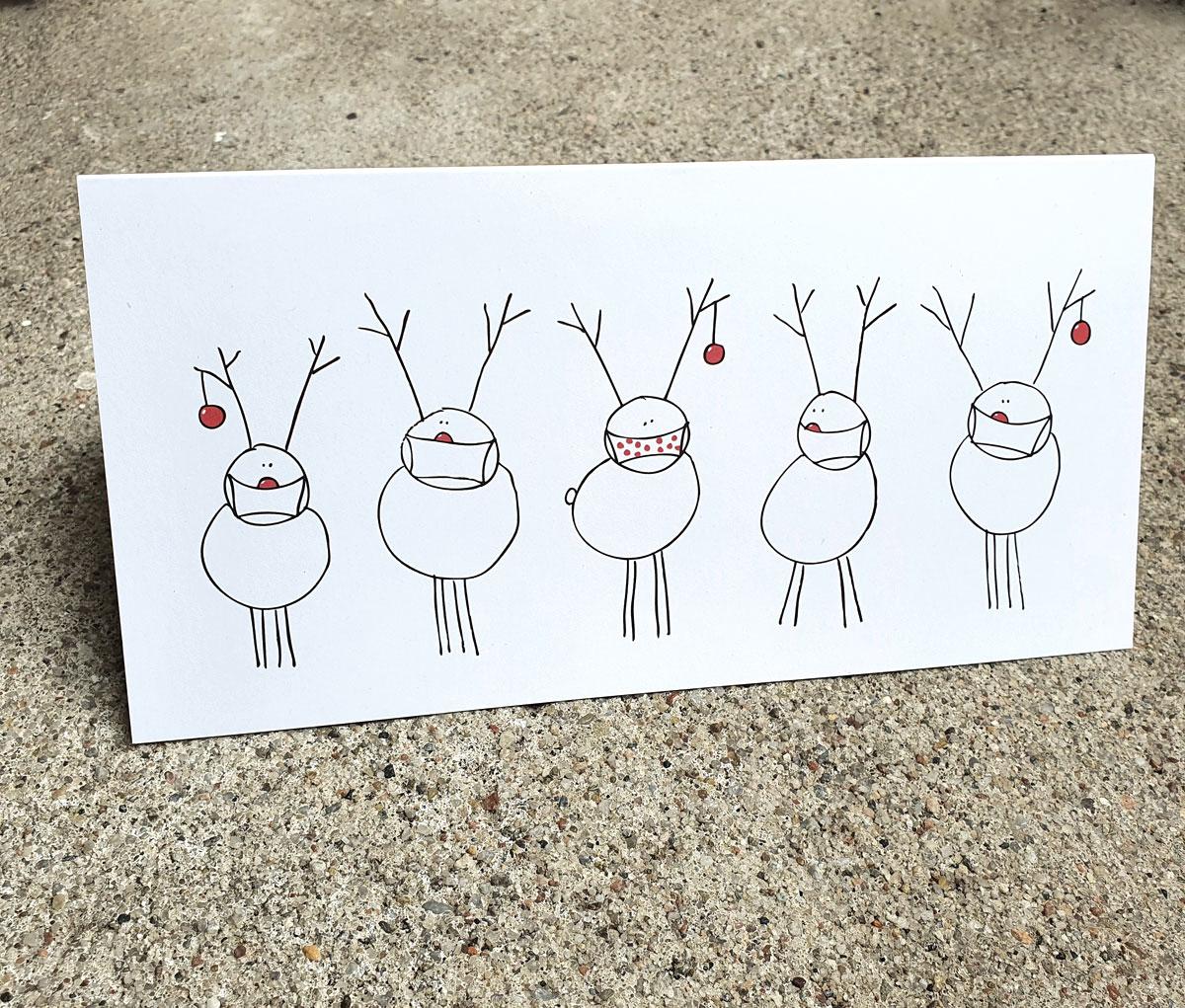 Recycling-Weihnachtskarte: Rudolf und seine Freunde mit Maske