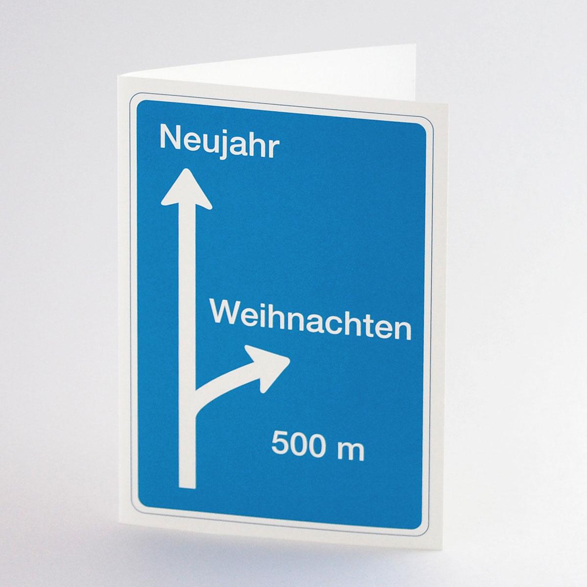 signalblaue Karte für Weihnachten und Neujahr: Ausfahrt Weihnachten