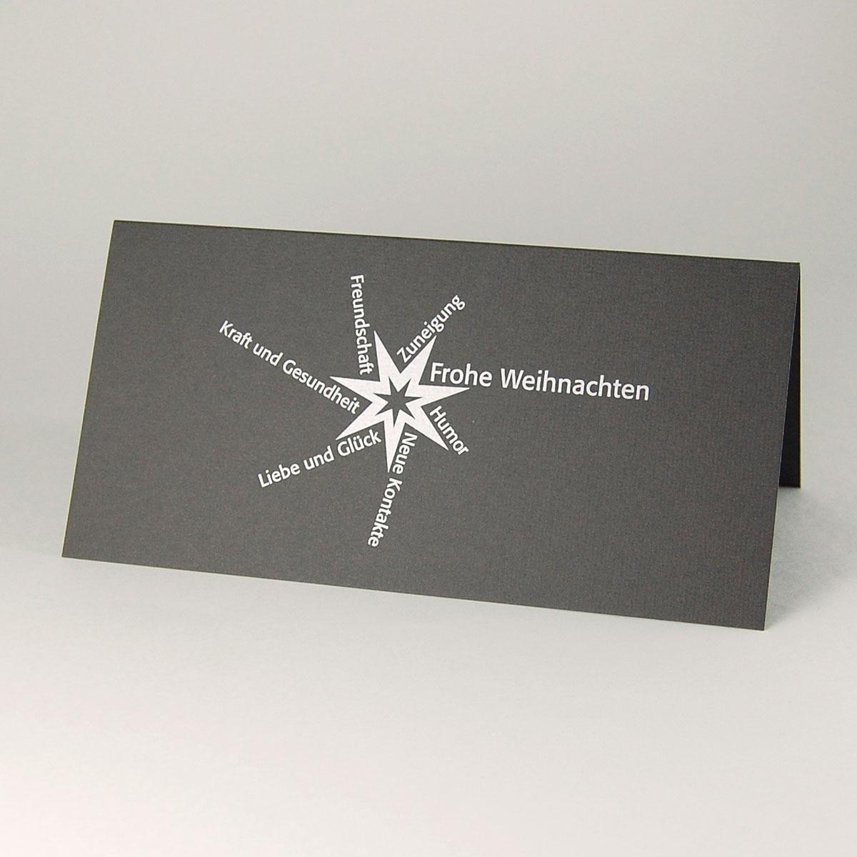 dunkle Weihnachtskarte mit silbernen Grüßen und Wünschen