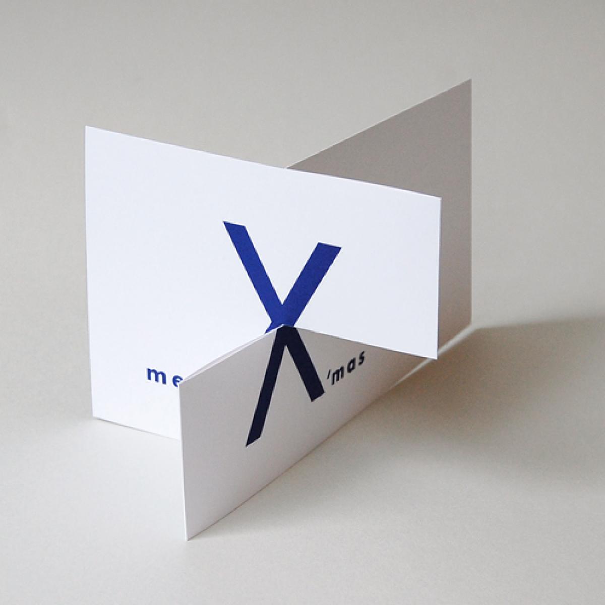 Weihnachtskarte: merrY X´mas  (blauer Druck auf weißem Karton)
