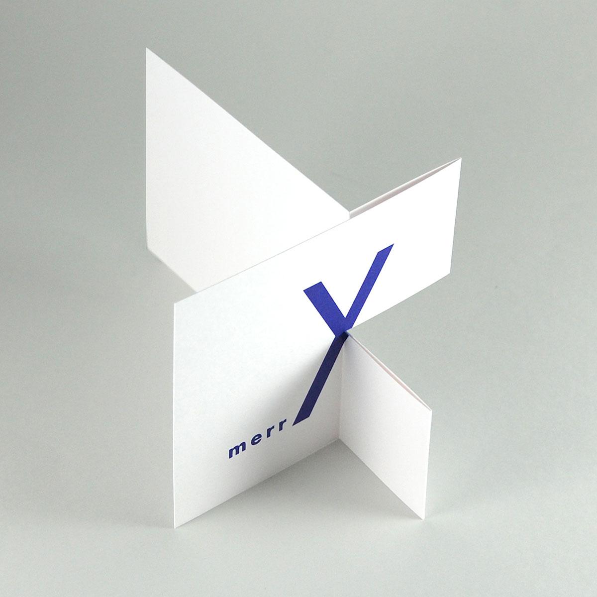 Weihnachtskarte: merrY X´mas  (blauer Druck auf weißem Karton)
