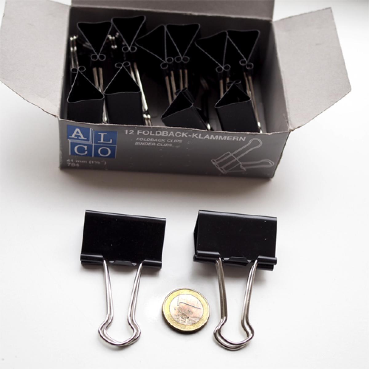 12 schwarze Foldback-Klammern 41 mm