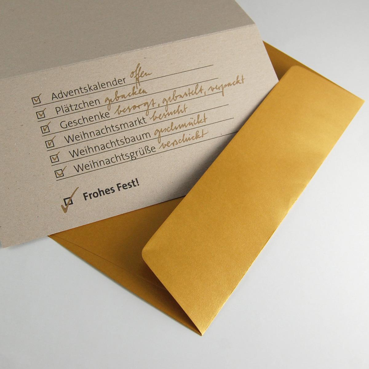 10er Set graue Recycling-Weihnachtskarten mit goldenen Kuverts