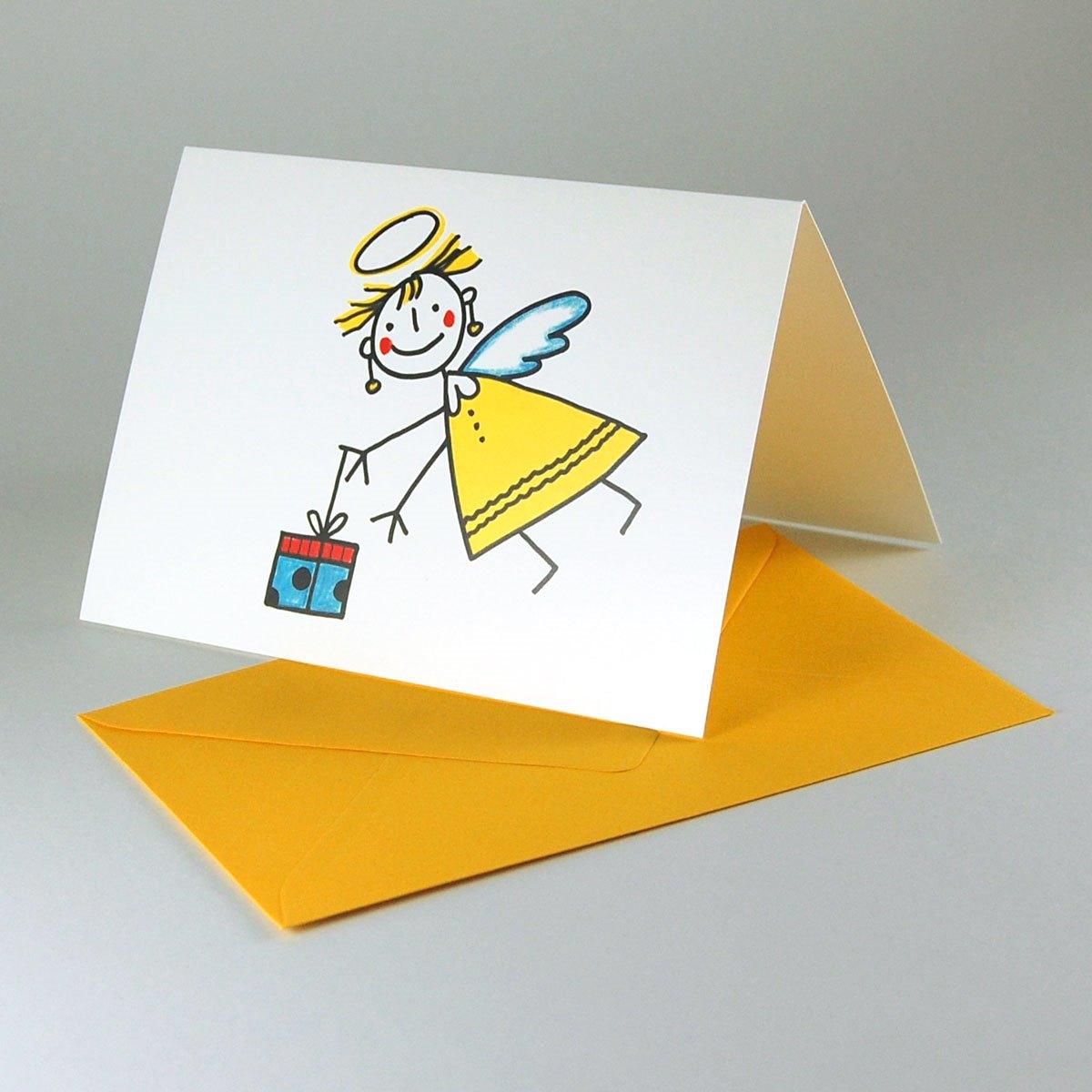 10er Set witzige Weihnachtskarten mit Umschlägen: Christkind mit Geschenk