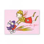 Postkarte: rasante Mutter mit Kinderwagen