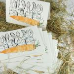 10er Set Grußkarten mit Umschlägen: vier Hasen, eine Möhre